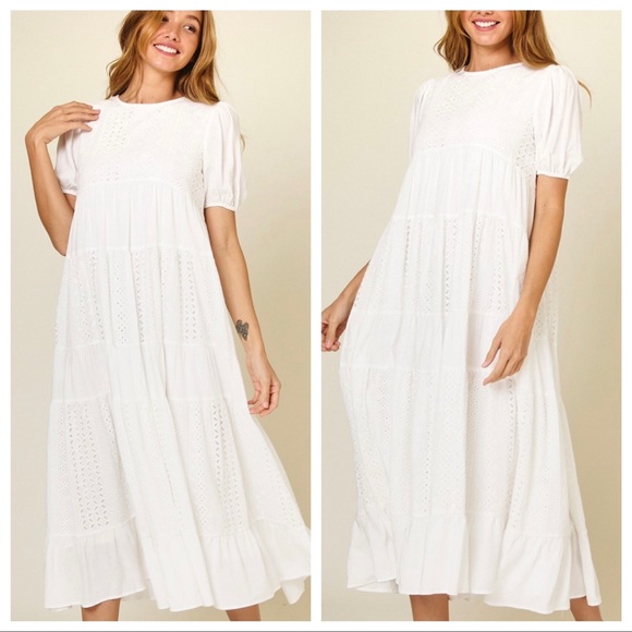 38 Boho absolutely Beautiful Short Puff Sleeves Lace Midi Dress - Picture 4 of 6